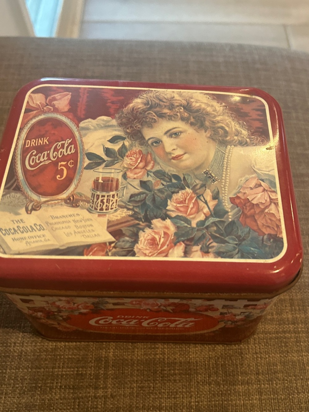 Vintage Coca-Cola Red Floral Portrait Tin Box